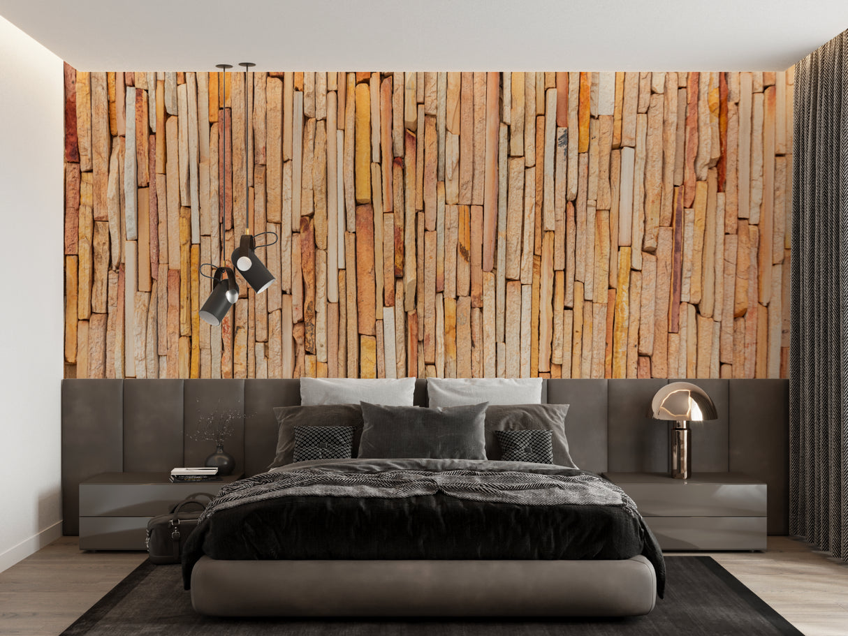 Natural stone effect wallpaper in modern living room, showing vertical pattern that enhances room height