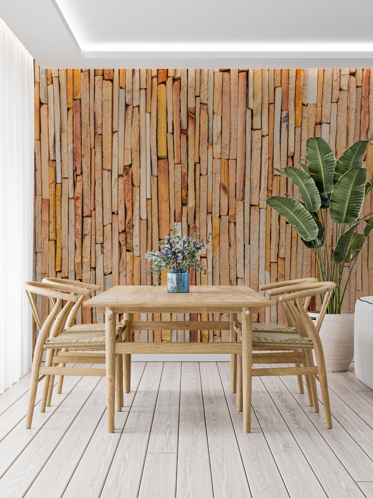 Beige stone wallpaper creating warm atmosphere in dining room with natural lighting