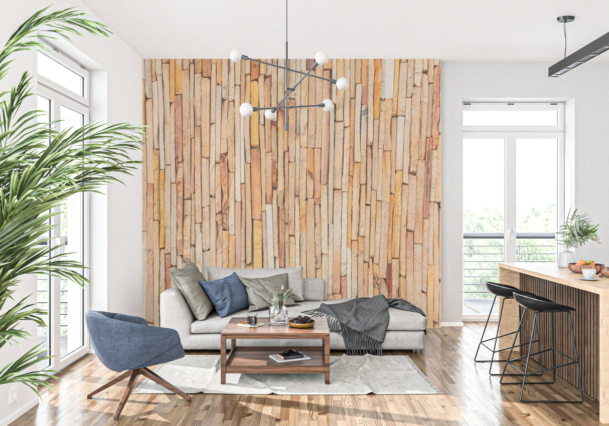 Stone effect wall mural in hallway showing vertical pattern and texture detail