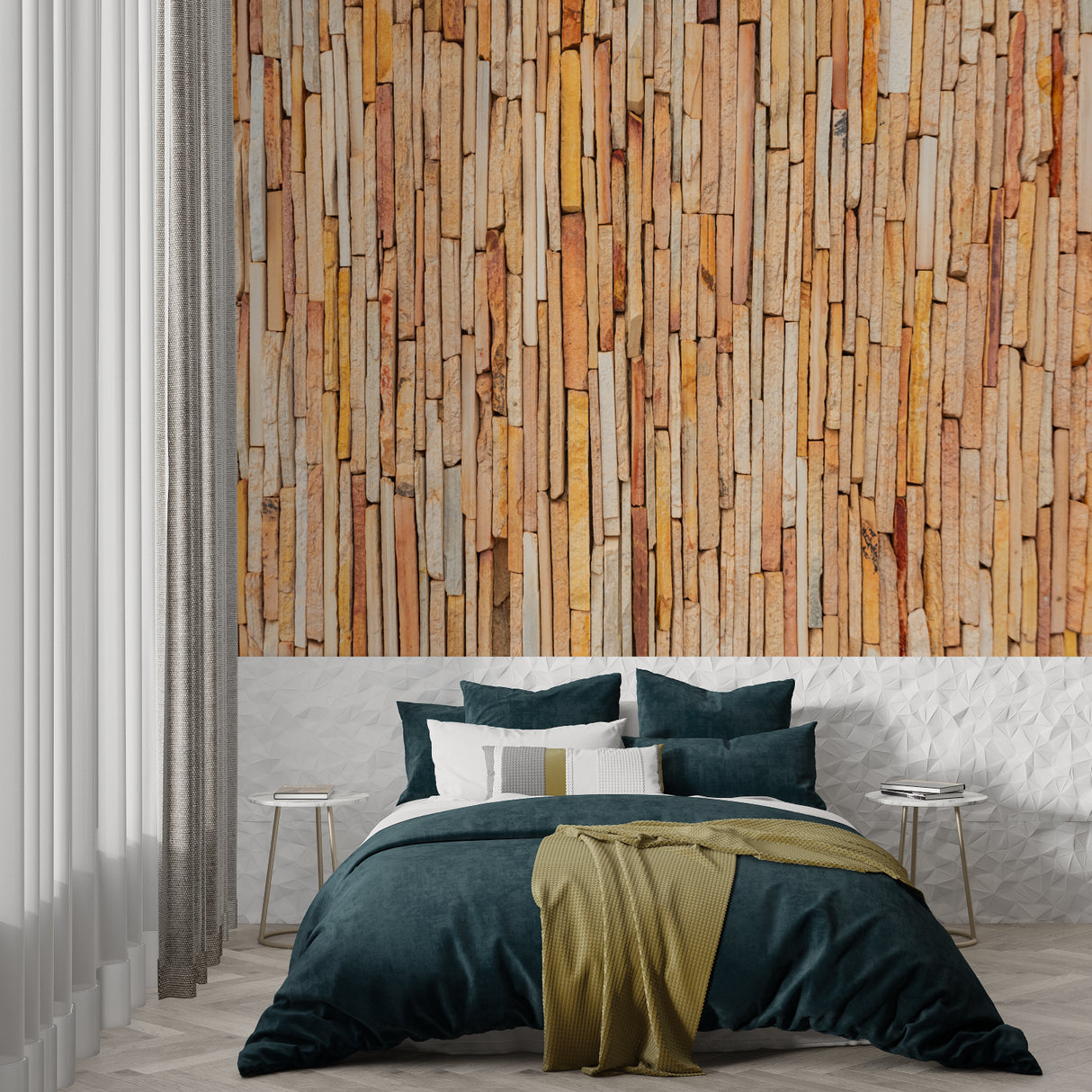 Vertical stone pattern wallpaper in bedroom creating elegant accent wall