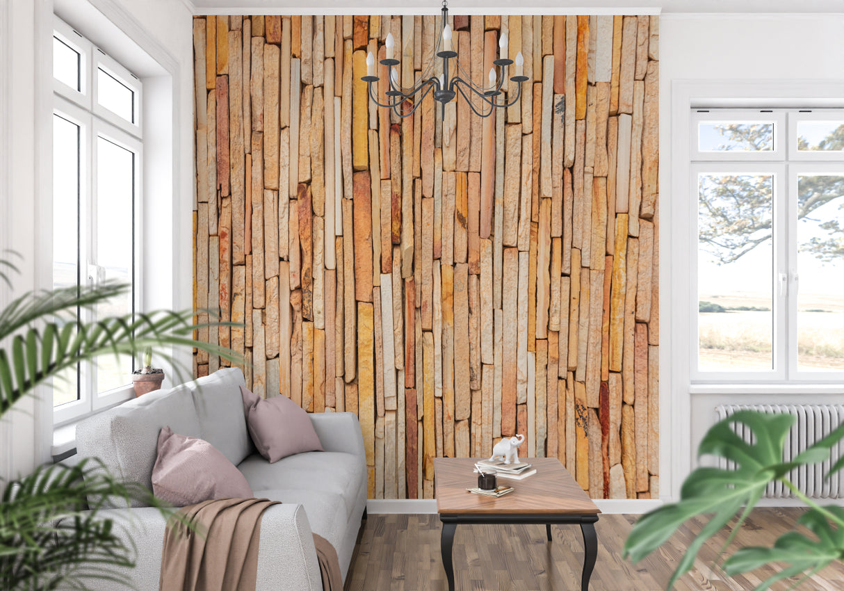 Stone wallpaper detail in home office showing warm beige tones and texture