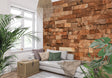 Stone brick wallpaper creating a cozy atmosphere in a modern living room with natural light