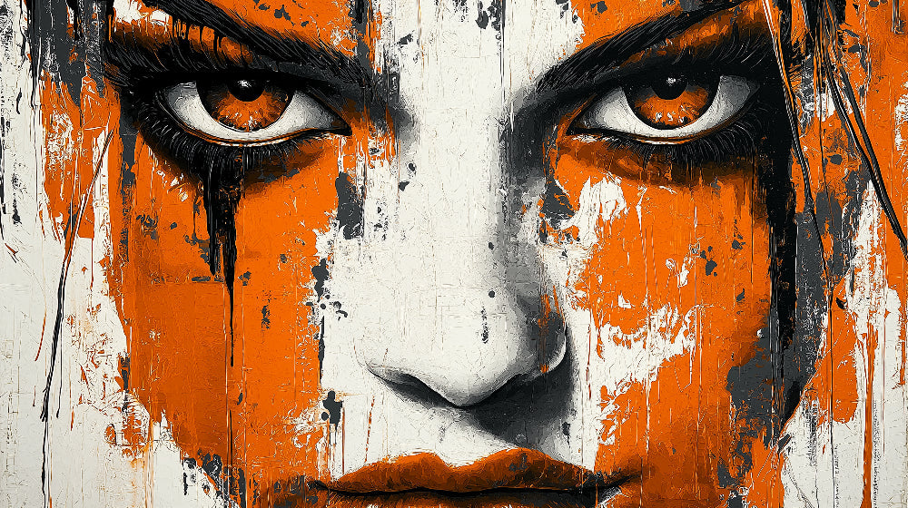 Street art wallpaper design file showing detailed orange and black portrait pattern