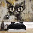 Street art cat wallpaper in modern living room showing bold black feline graffiti design against concrete-style wall