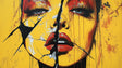Street art portrait mural wallpaper creating a dramatic focal point in a modern loft living room with high ceilings