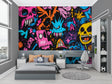 Street art graffiti skull wallpaper bringing urban style to modern living room with colorful accent wall