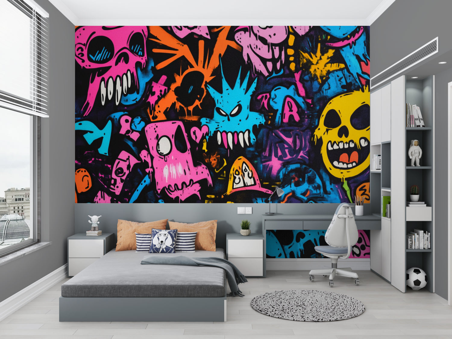 Street art graffiti skull wallpaper bringing urban style to modern living room with colorful accent wall