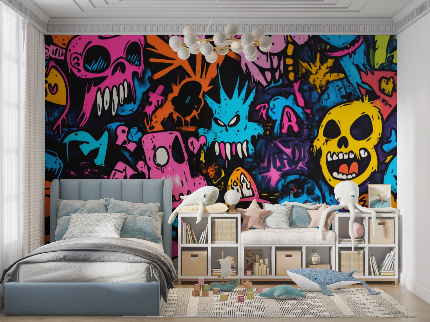 Graffiti skull wall mural creating bold statement in teen bedroom with gaming setup