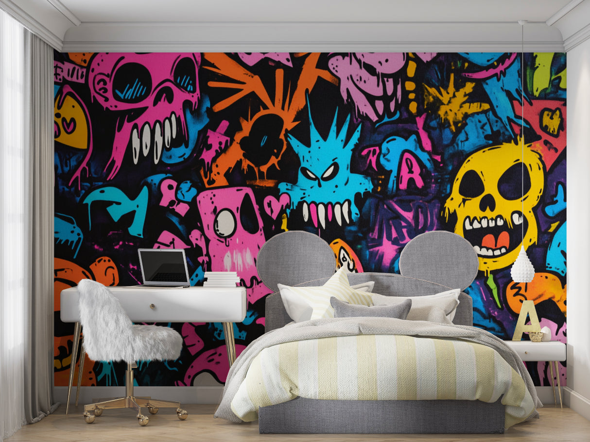 Street art skull mural adding creative edge to music studio walls