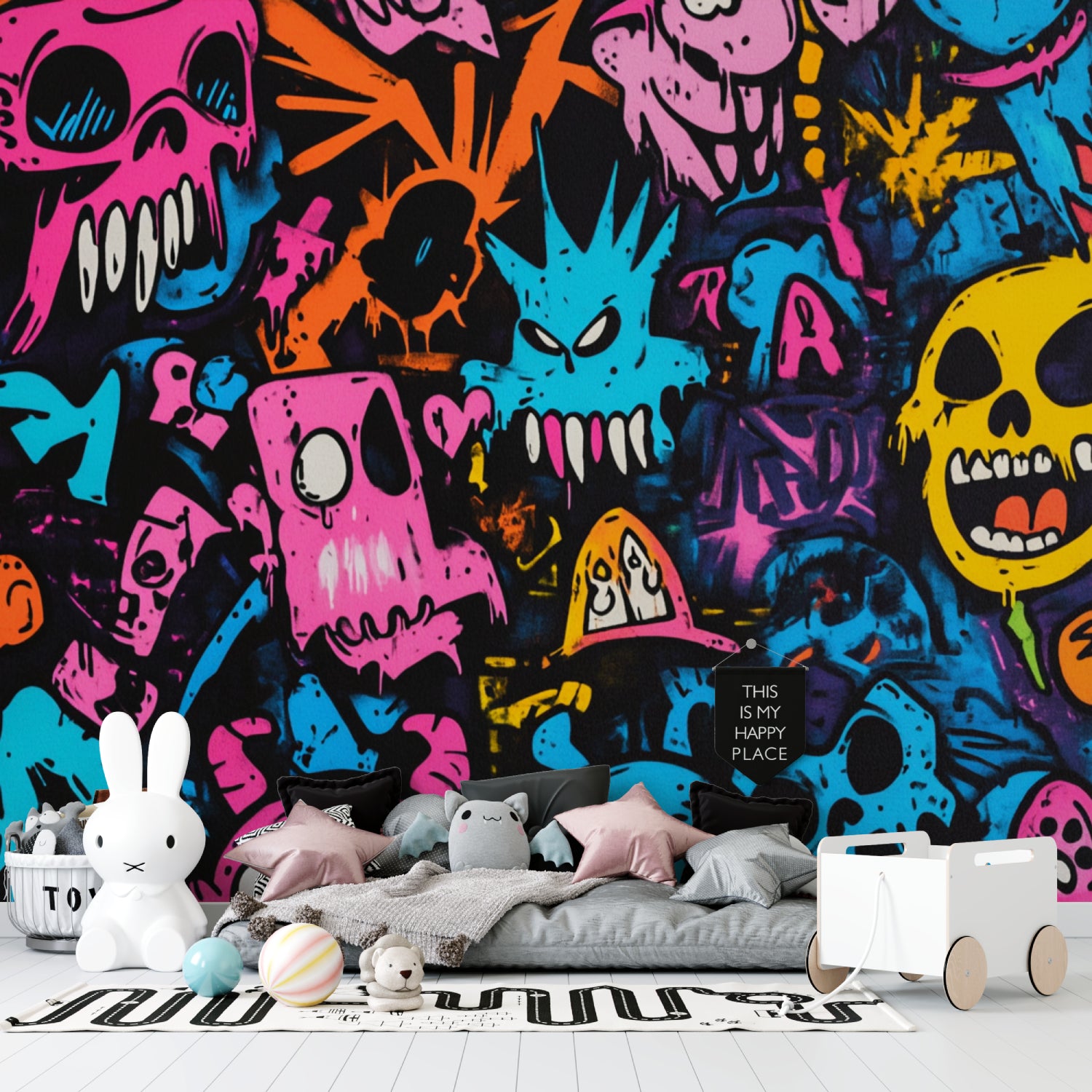 Graffiti wall design bringing urban flair to entertainment room space
