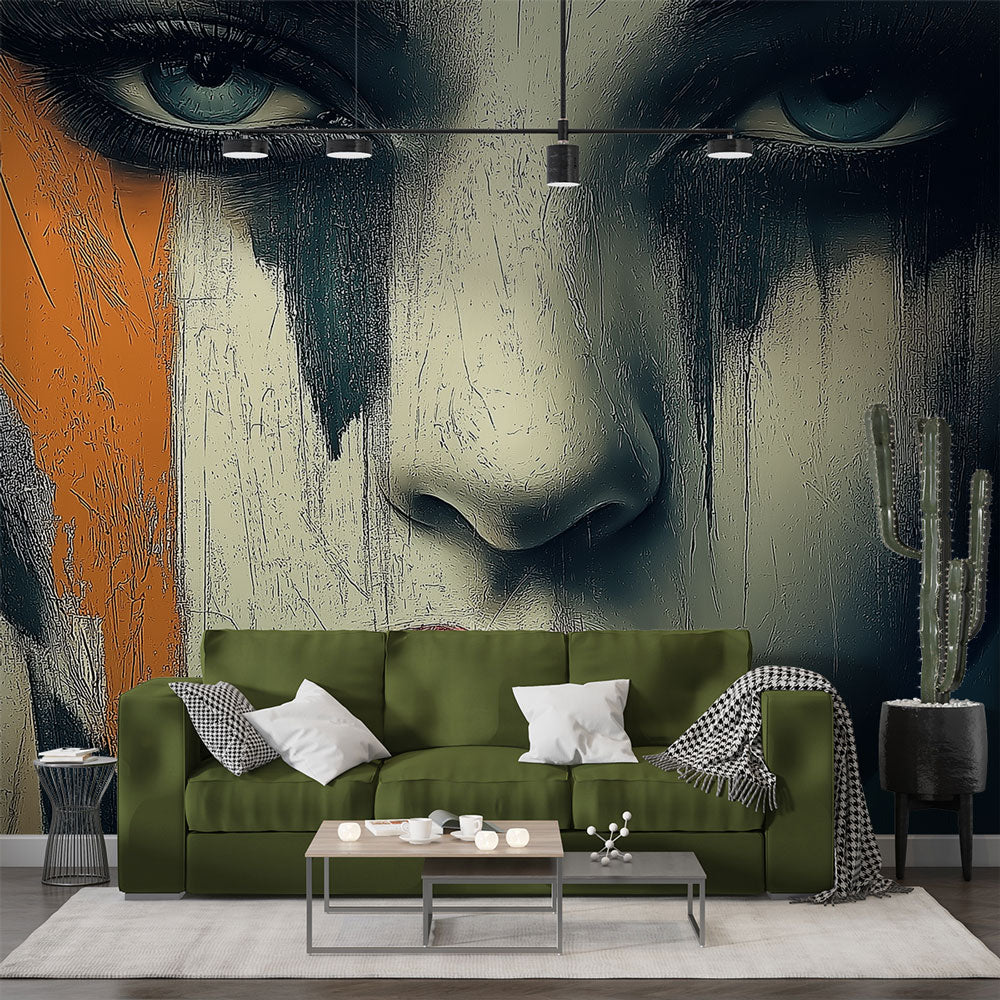 Street art portrait wallpaper creating bold impact in modern living room with minimal furniture and natural light