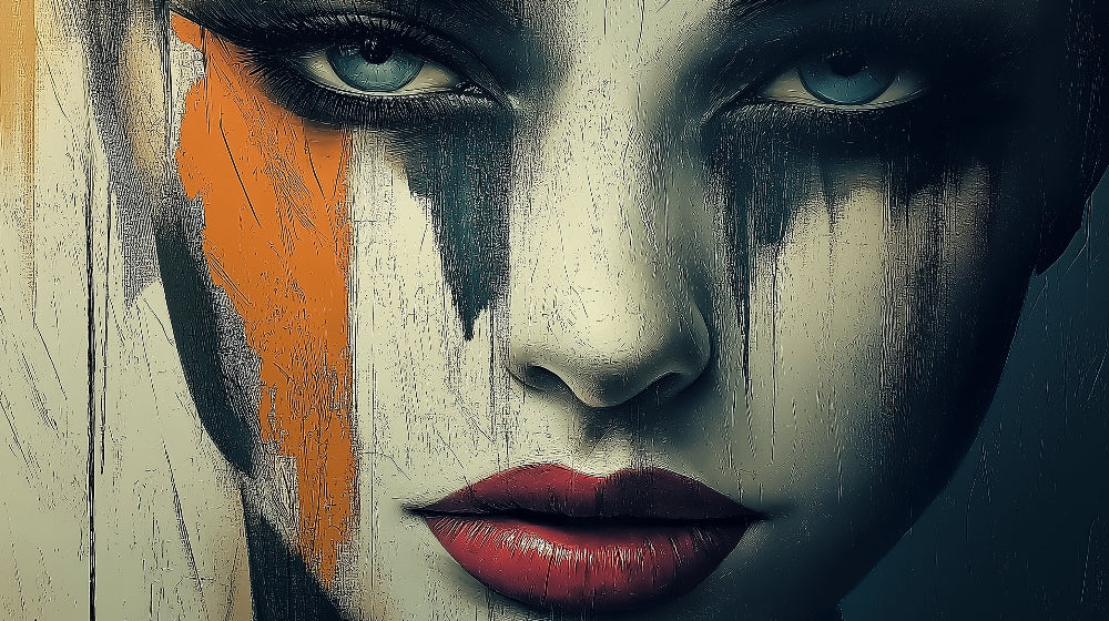 Contemporary street art portrait design file showing detailed orange splash effect and dramatic shadows