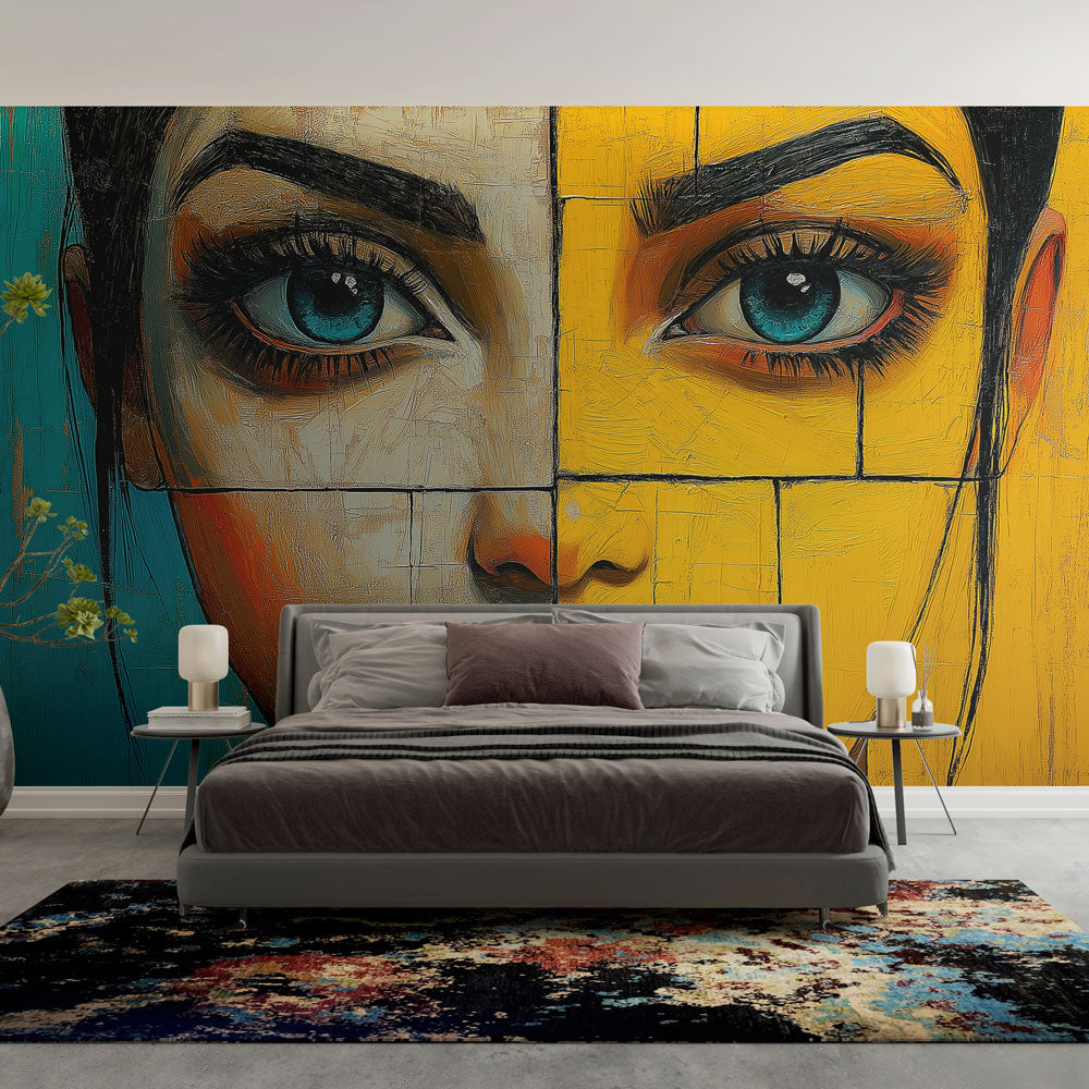 Street art portrait wallpaper creating drama in a modern loft living room with high ceilings and natural light