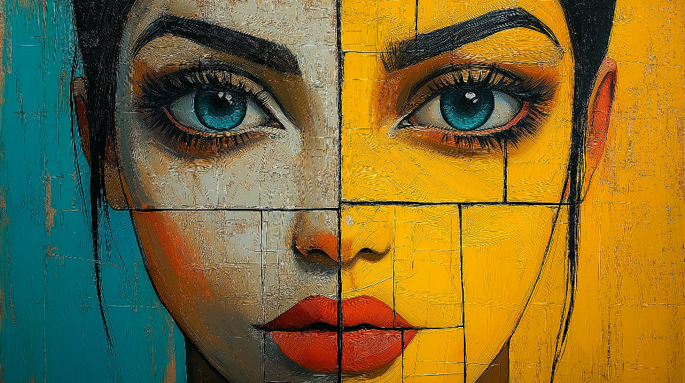 Street art portrait design file showing detailed yellow and teal color blocks with piercing blue eyes