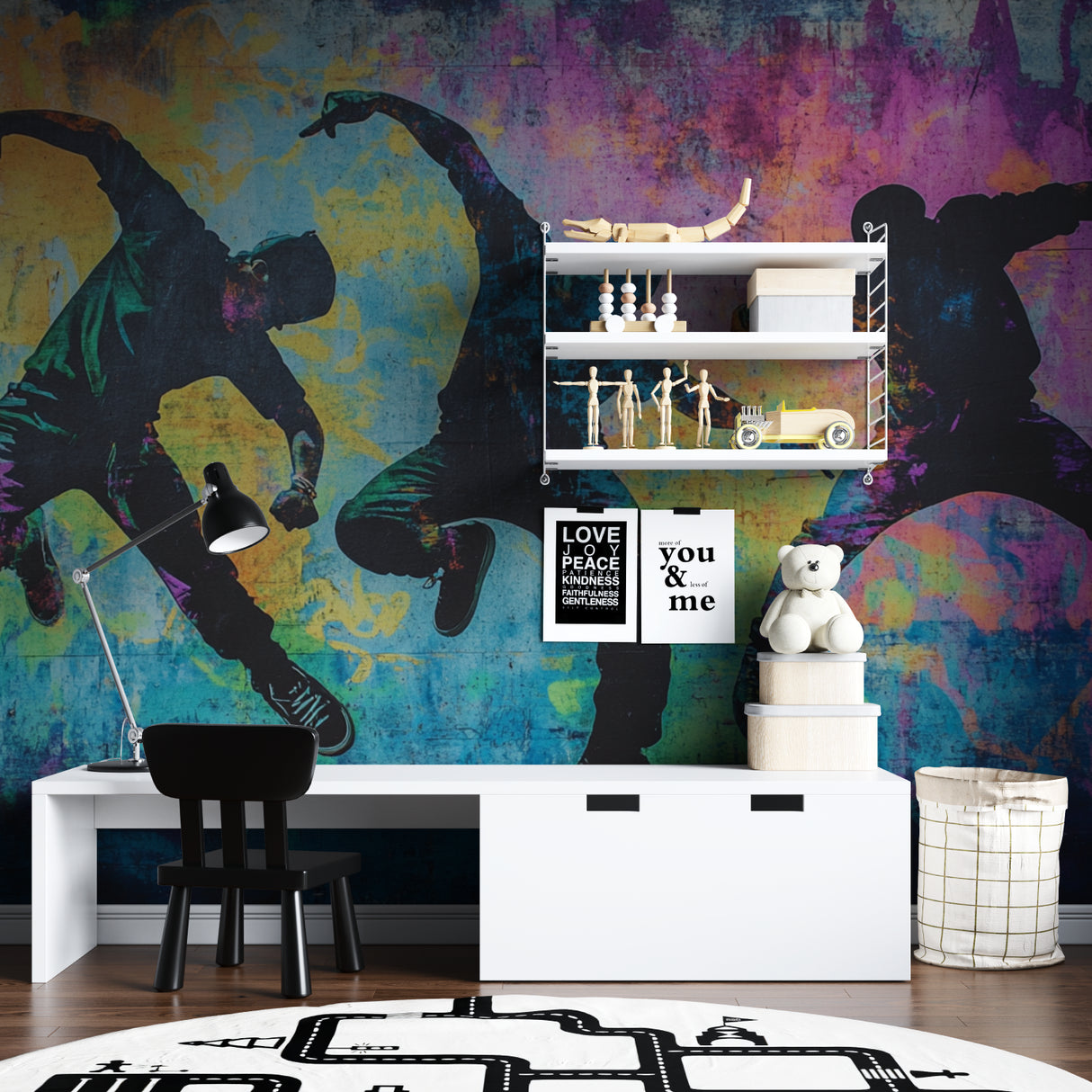 Street art wallpaper featuring dancers in home gym space