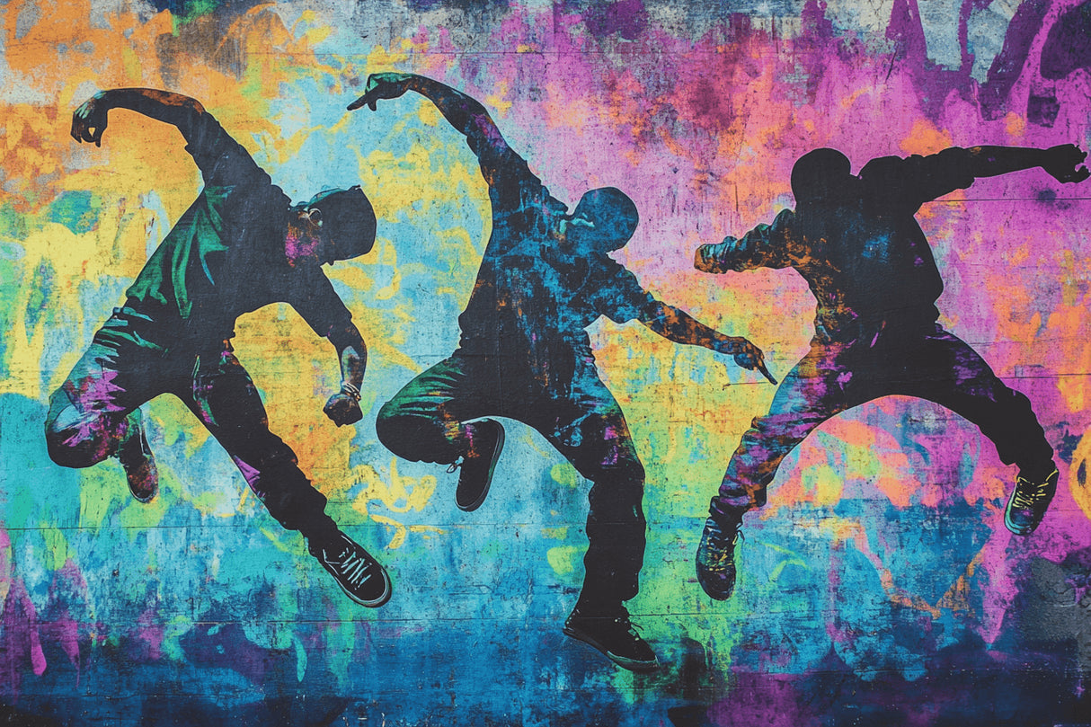 Street art wallpaper design file showing dynamic dance silhouettes with vibrant color splashes