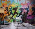 Street art wallpaper showcased in modern living room with minimal furniture and natural light