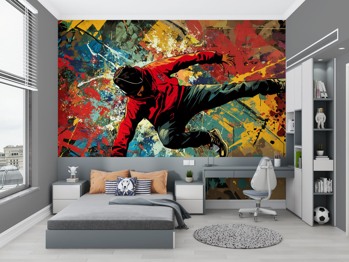 Hip hop dance wallpaper creating energy in a contemporary living room with graffiti art elements