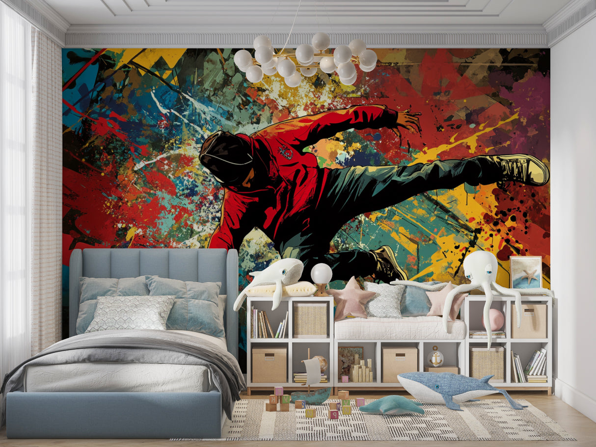 Urban graffiti wallpaper transforming a dance studio with dynamic street art design