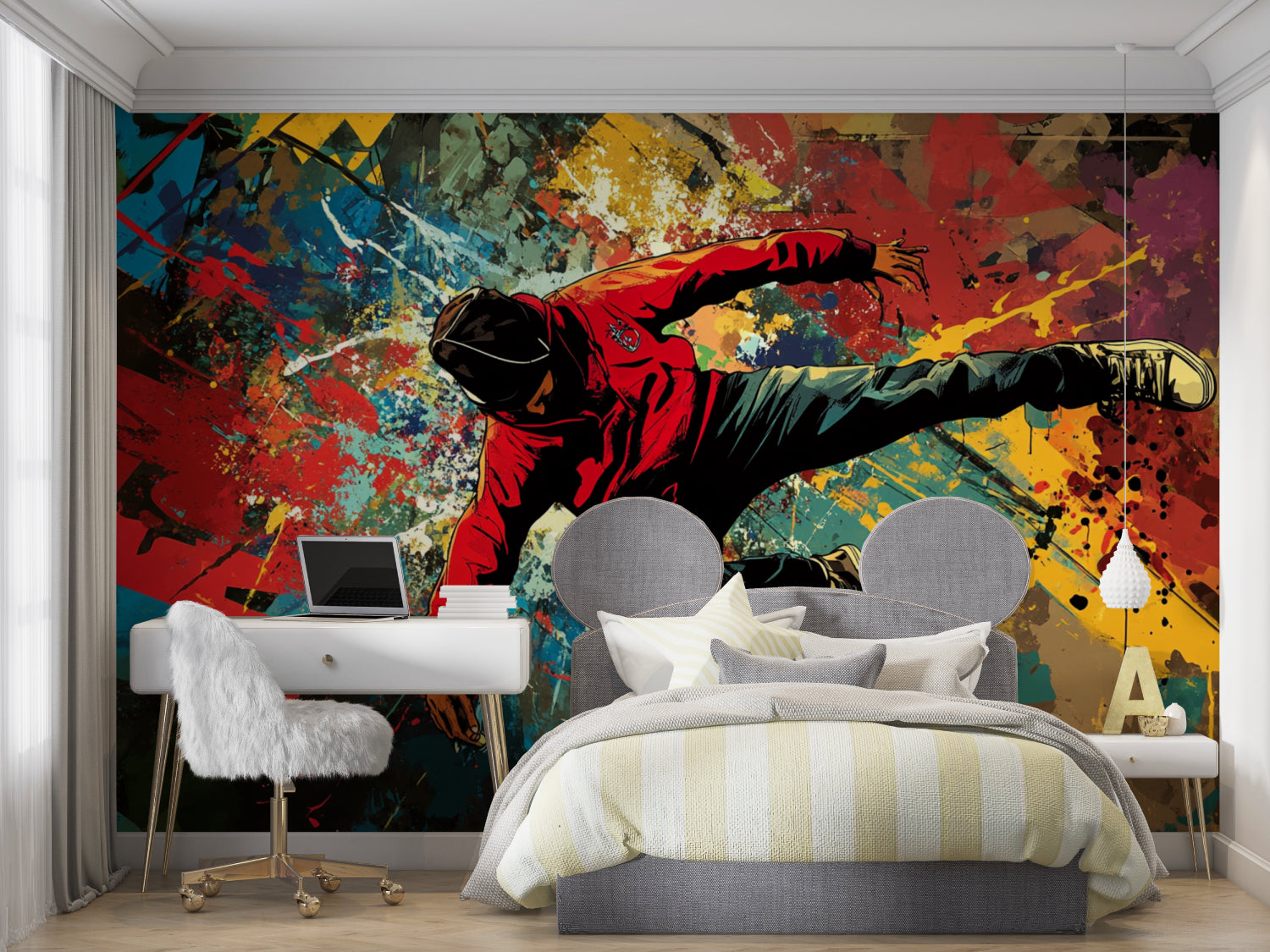 Street dance mural adding bold style to a modern office space with urban art feel