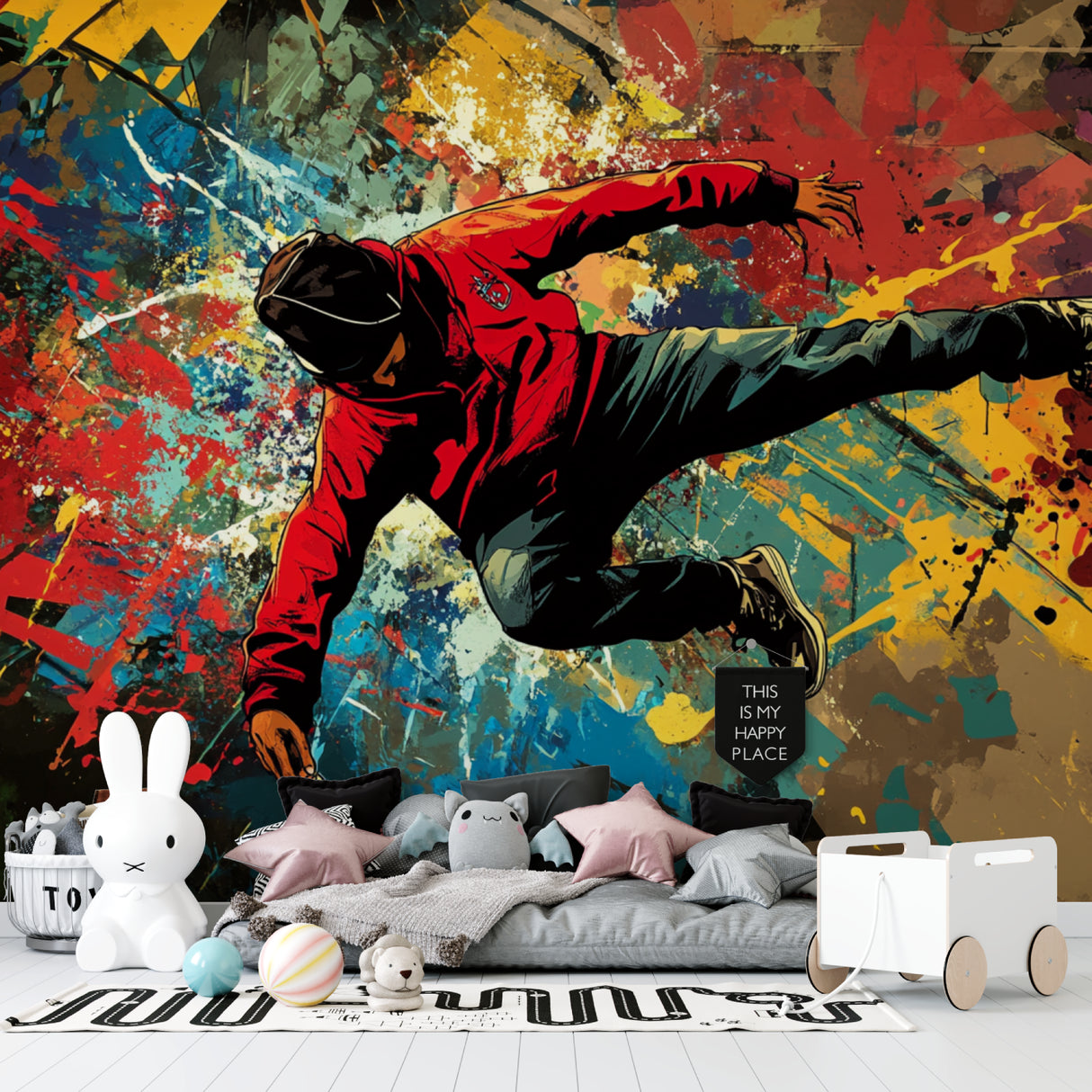 Graffiti art wallpaper making a statement in a creative workspace with hip hop elements