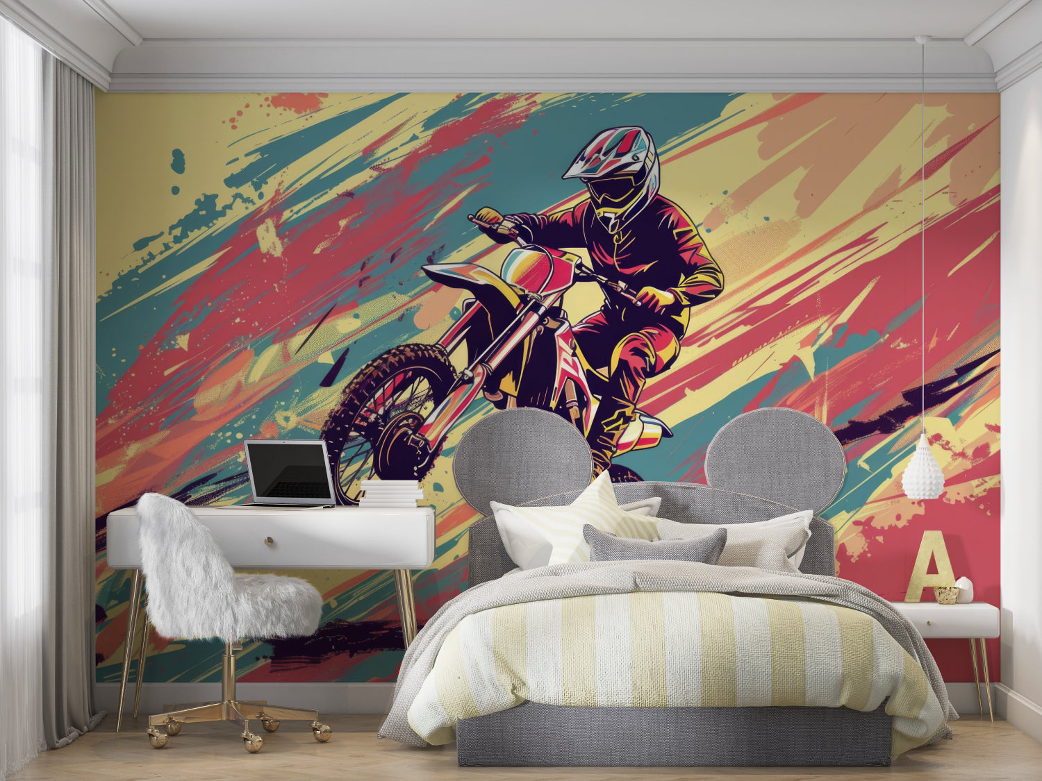 Graffiti style motocross mural in a stylish home gym showing scale and impact