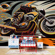 Street art motorcycle wallpaper creating a bold statement in a modern gaming room with orange and black tones