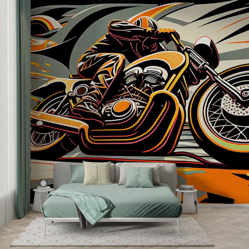 Urban graffiti motorcycle wallpaper bringing energy to a teen bedroom with dramatic lighting