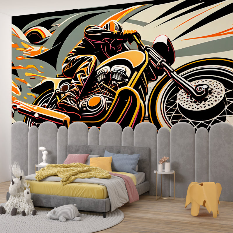 Street style motorcycle mural making an impact in an industrial-style living room