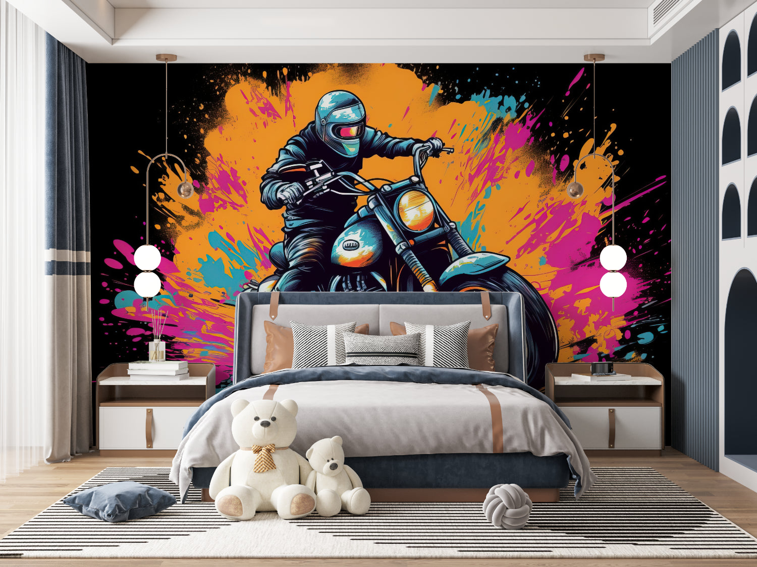 Street art wallpaper featuring motorcycle design in contemporary living room