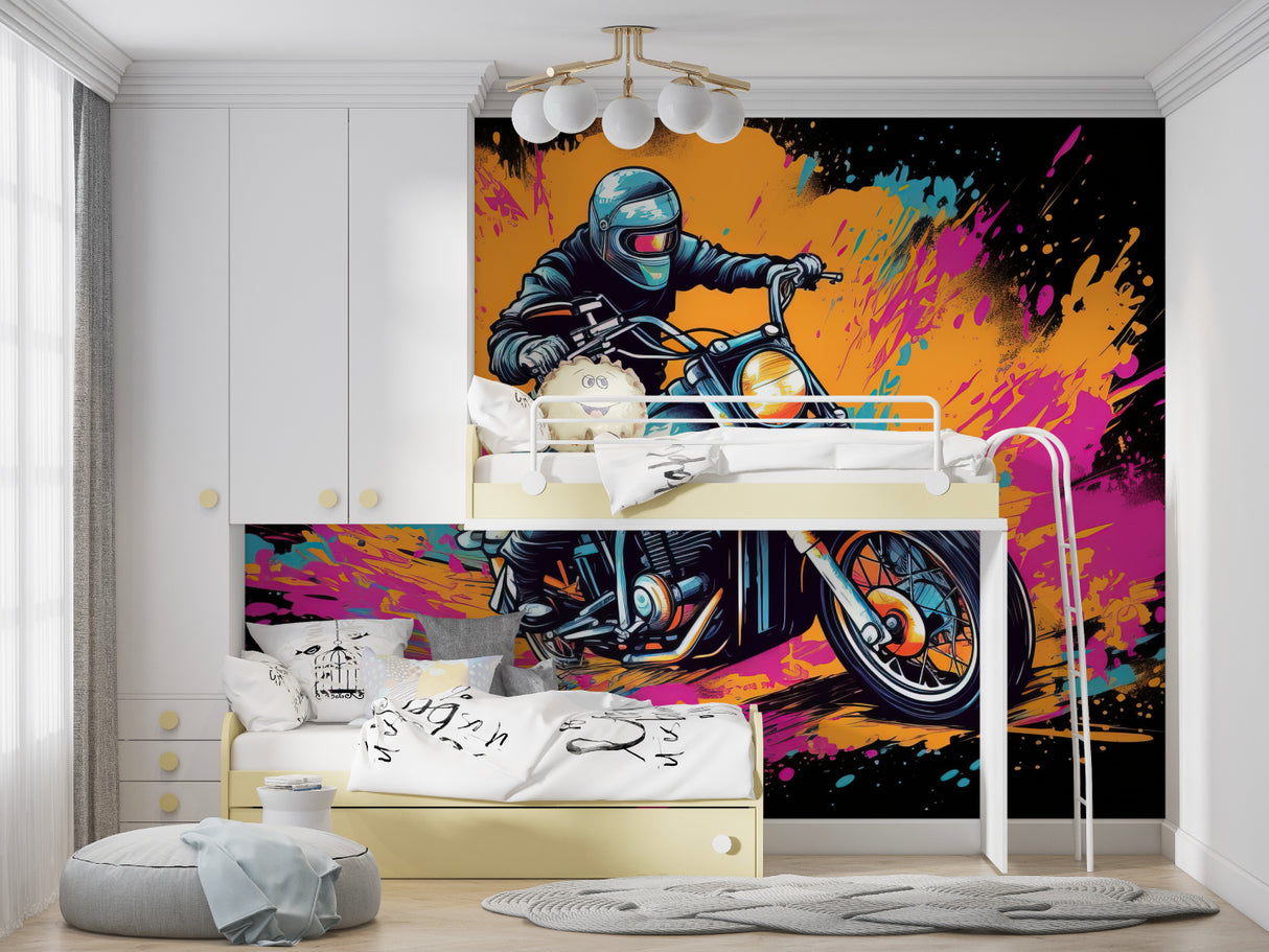 Dynamic motorcycle mural wallpaper showcased in modern entertainment room