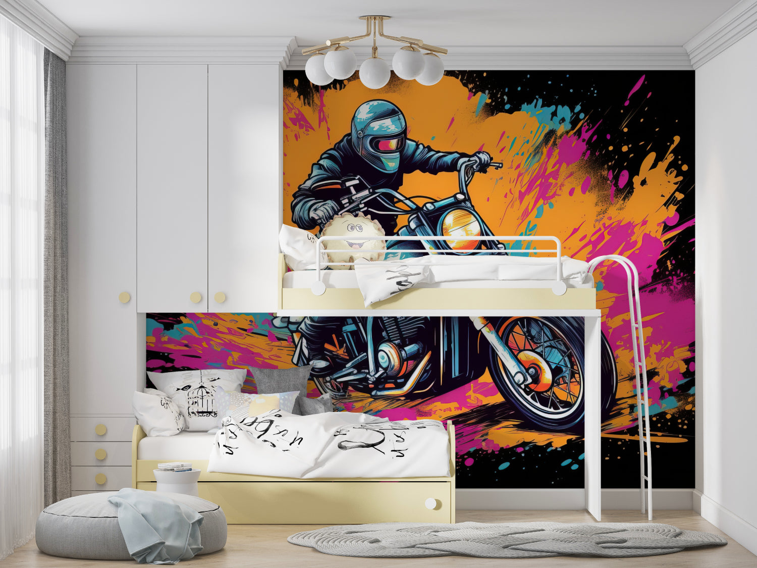 Dynamic motorcycle mural wallpaper showcased in modern entertainment room
