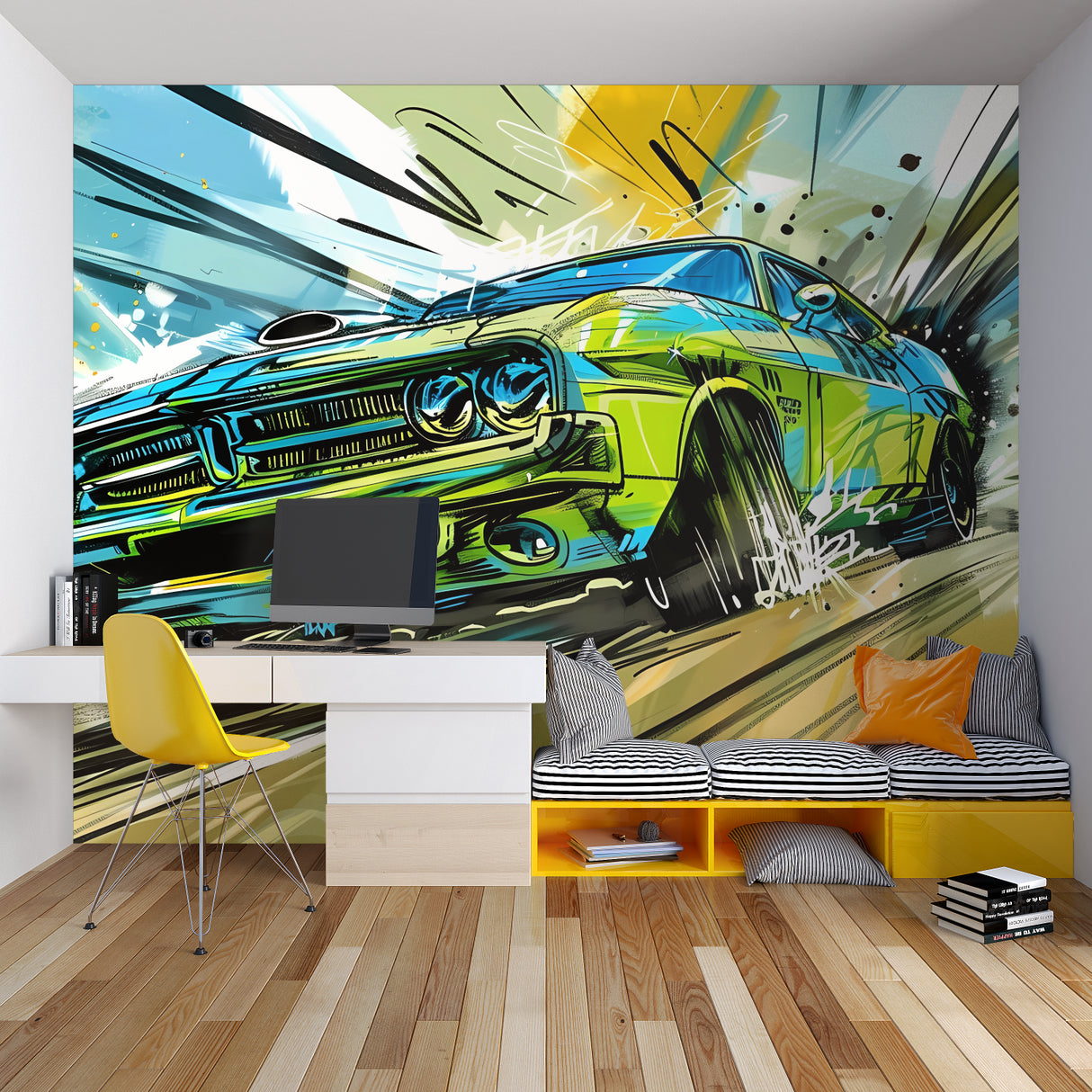 Street art car wallpaper bringing urban style to a modern teen bedroom with green and turquoise accents
