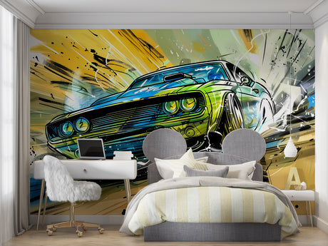 Street art racing car wallpaper bringing urban style to modern teen bedroom, blue and neon accents pop against white walls