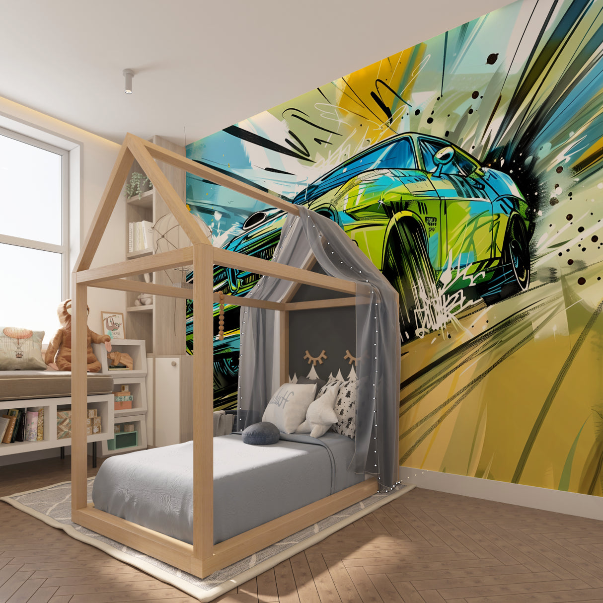 Racing car graffiti mural transforming a gaming room with bold street art design