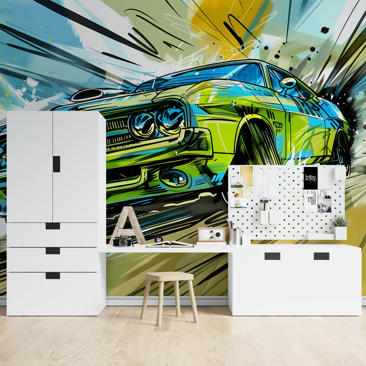 Urban art car wallpaper creating dynamic atmosphere in a contemporary living space