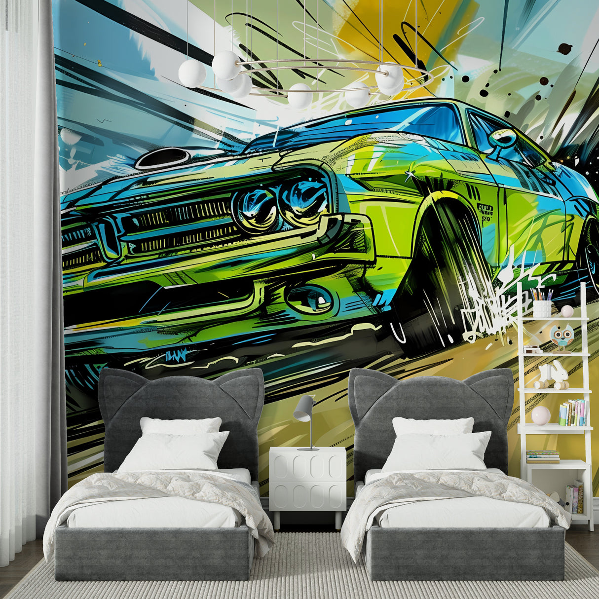 Street style car mural adding energy to a creative home office setup