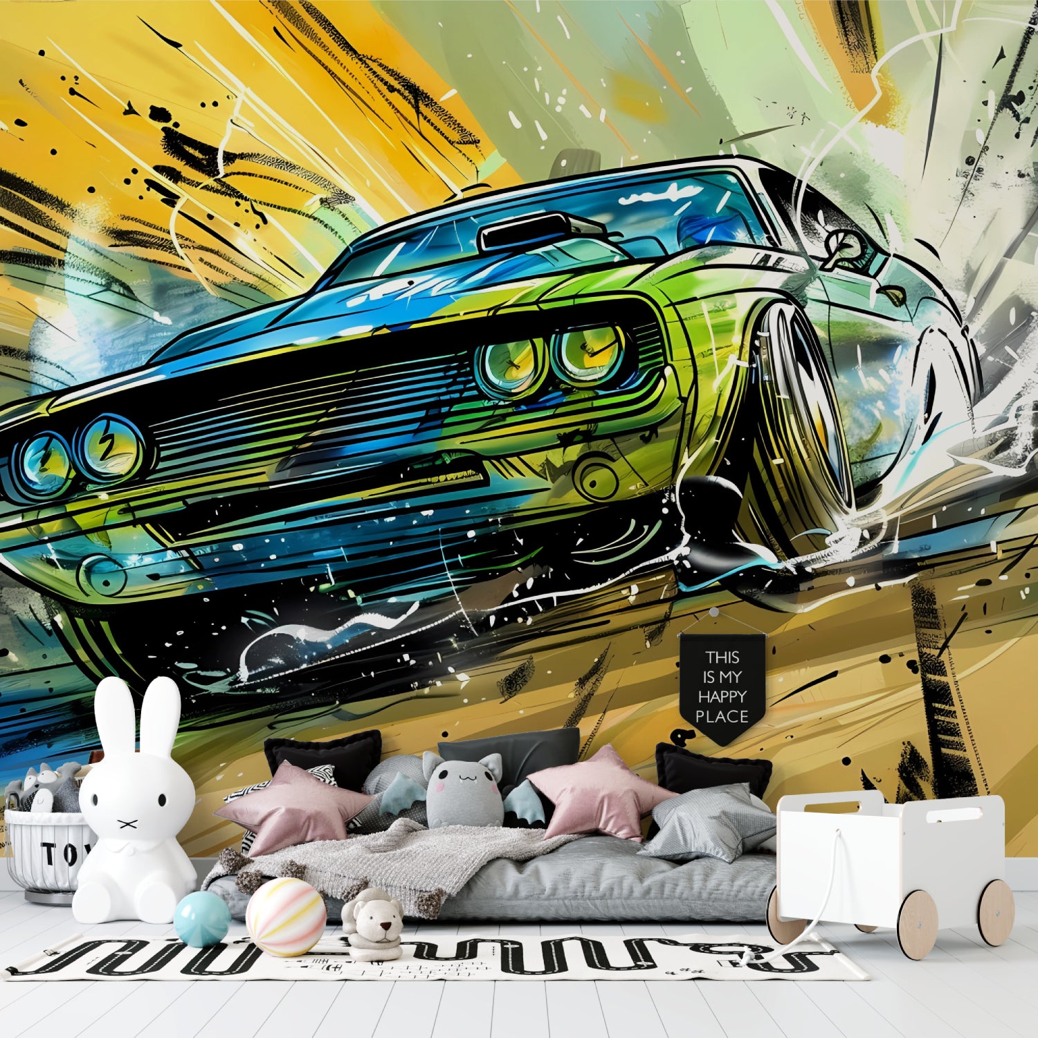 Modern car wallpaper design transforming man cave with urban art elements
