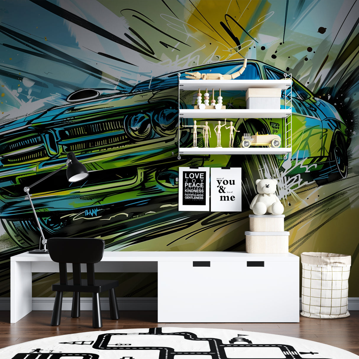 Graffiti car design bringing cool vibes to a modern entertainment room