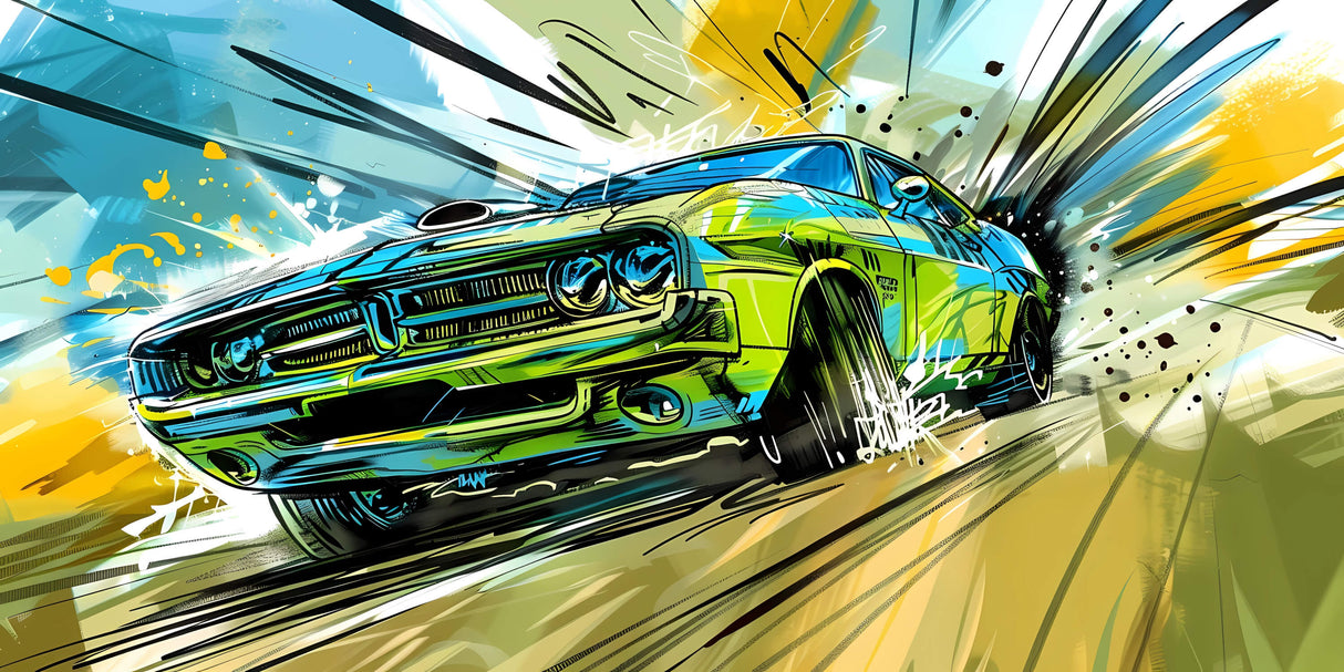 Design file showcasing vibrant street art car pattern with turquoise and green color scheme