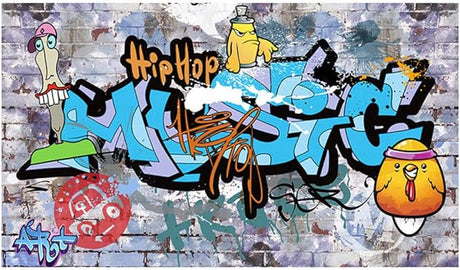 Street art graffiti design file showing detailed urban artwork with spray paint effects and cartoon characters