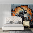 Street art motorcycle wallpaper creating urban atmosphere in modern teen bedroom with gaming setup
