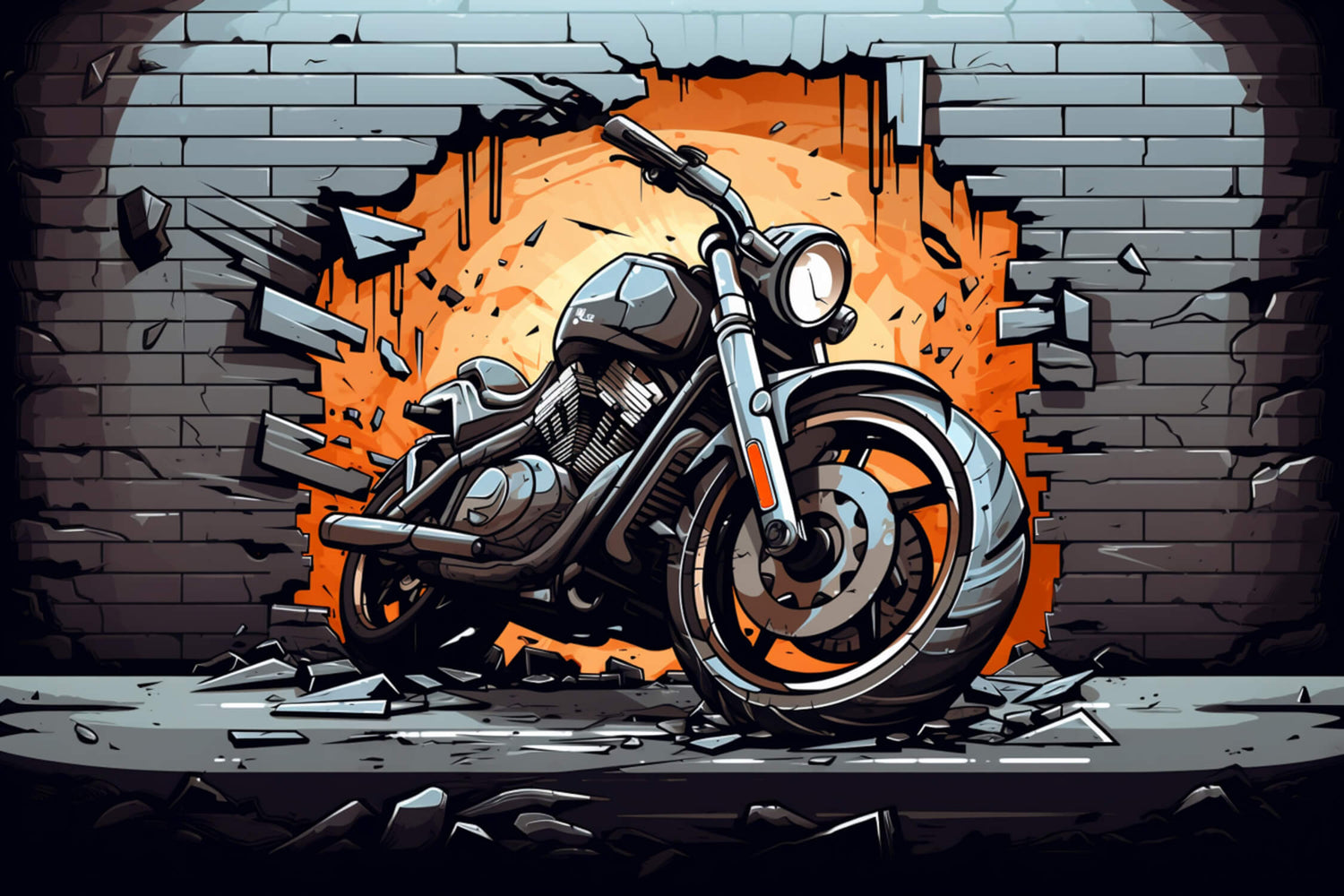 Design file showing detailed motorcycle breaking through brick wall pattern with urban graffiti effects