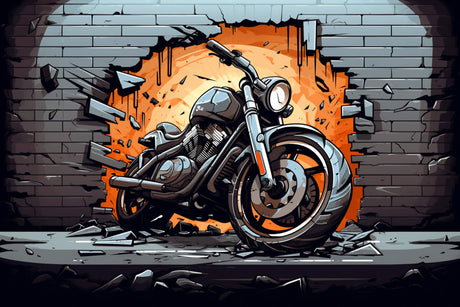 Design file showing detailed motorcycle breaking through brick wall pattern with urban graffiti effects