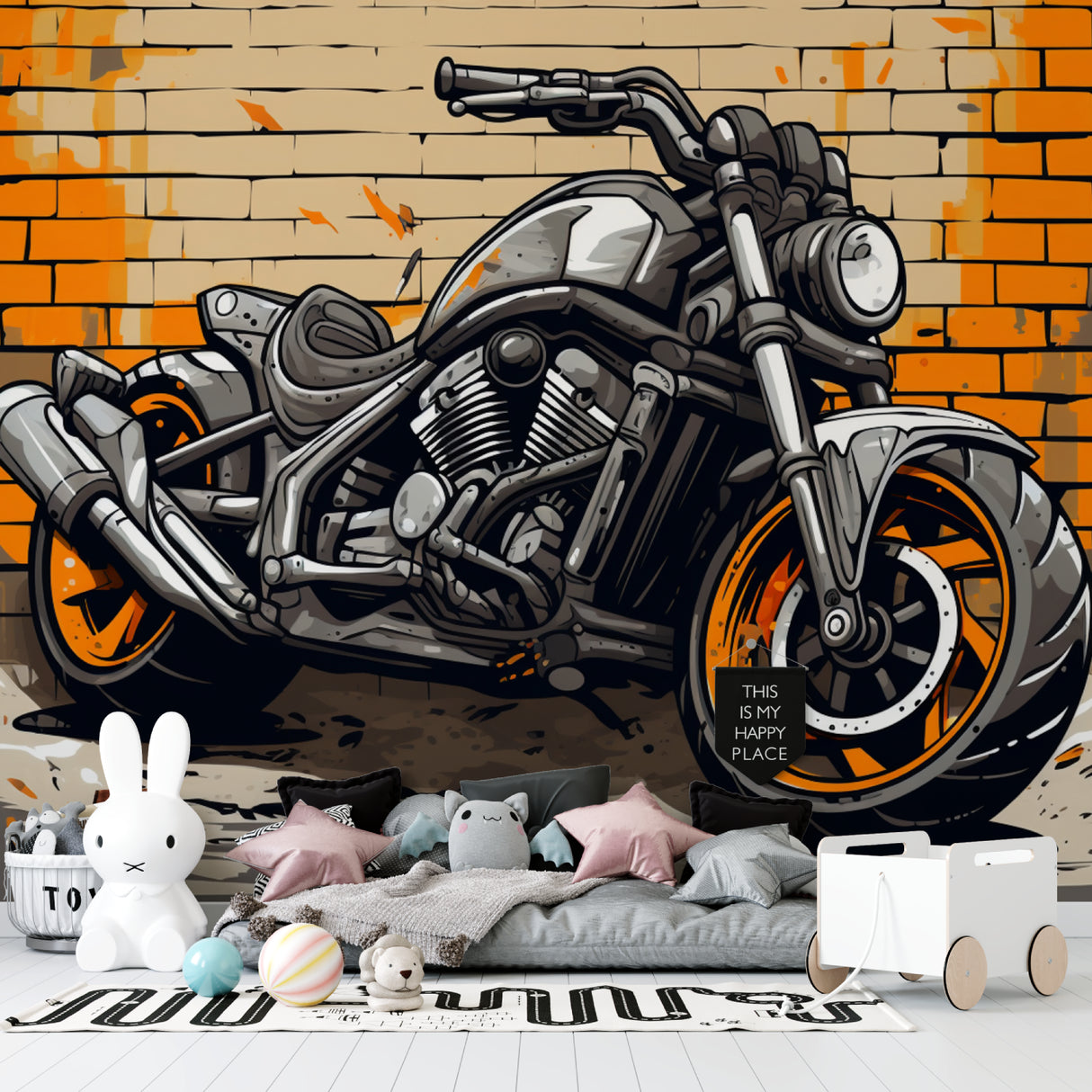 Motorcycle graffiti mural creating bold statement in teen bedroom with gaming setup