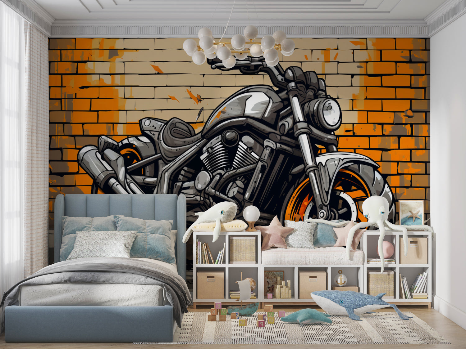 Urban street art wallpaper transforming home office with motorcycle design