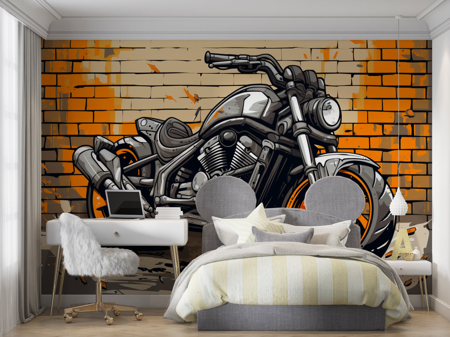 Graffiti motorcycle wall art adding edge to industrial style dining room