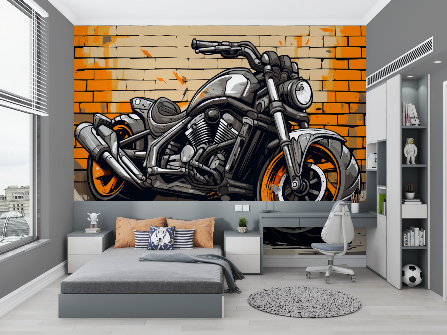 Street style motorcycle mural enhancing man cave with orange accent lighting