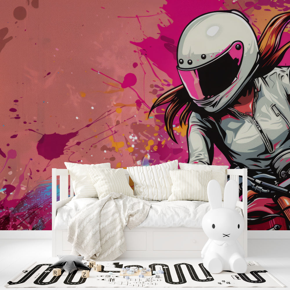 Street art wallpaper with pink motorbike design in home office space