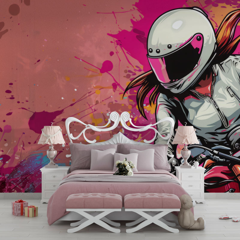 Pink street art wall mural installation in modern apartment